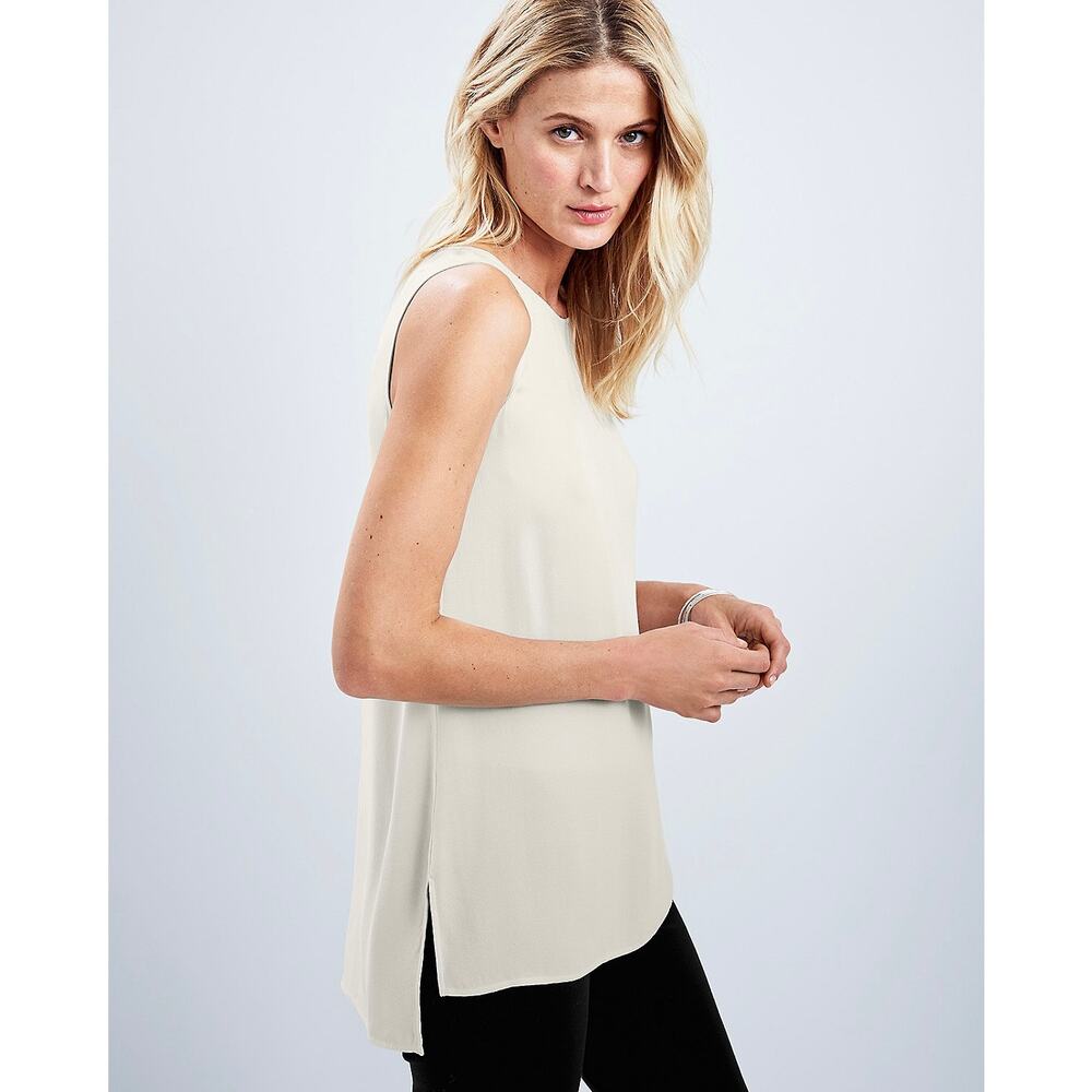 Eileen Fisher 100% Silk Georgette Crêpe Long Shell Bone Bateau Neck Top S Petite
